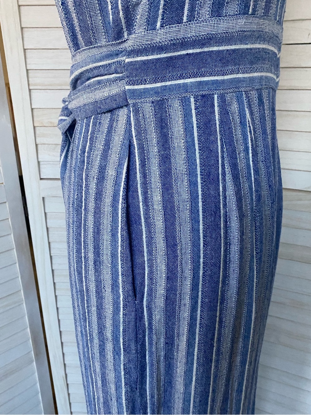 Calvin Klein Blue/White Striped Linen V-Neck Sleeveless Tie Waist Jumpsuit 10 - Picture 10 of 16
